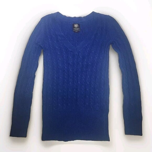 American Eagle Cable Knit V Neck Sweater Womens Small Blue - Picture 1 of 4